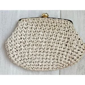 Vintage Cream Beige Ribbon Crochet Clutch Handbag Gold Latch
